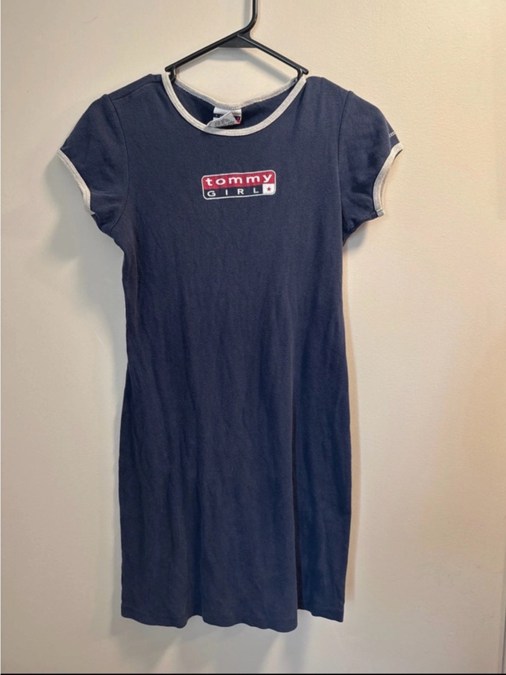 Vintage Tommy Hilfiger Navy Tee Dress with White Trim and Red Logo